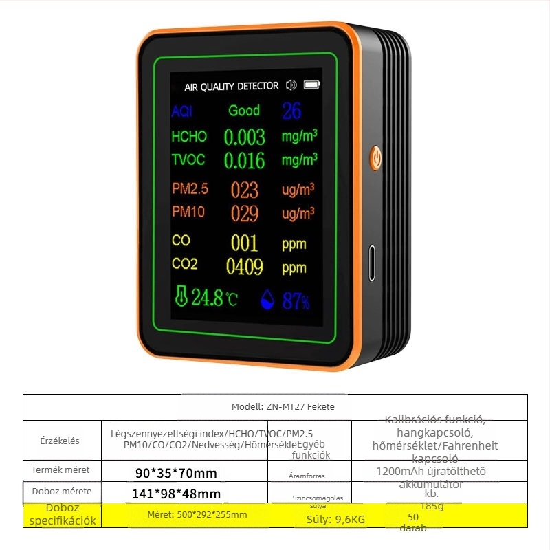 Légminőség-érzékelő 15-in-1: CO2, PM2.5, TVOC, formaldehid, hőmérséklet és páratartalom, modell ZN-MT22, CO2-tartomány 400-5000 ppm, pontosság 1 ppm, DC 3.7V