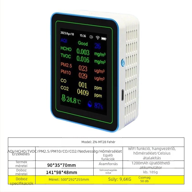 Légminőség-érzékelő 15-in-1: CO2, PM2.5, TVOC, formaldehid, hőmérséklet és páratartalom, modell ZN-MT22, CO2-tartomány 400-5000 ppm, pontosság 1 ppm, DC 3.7V