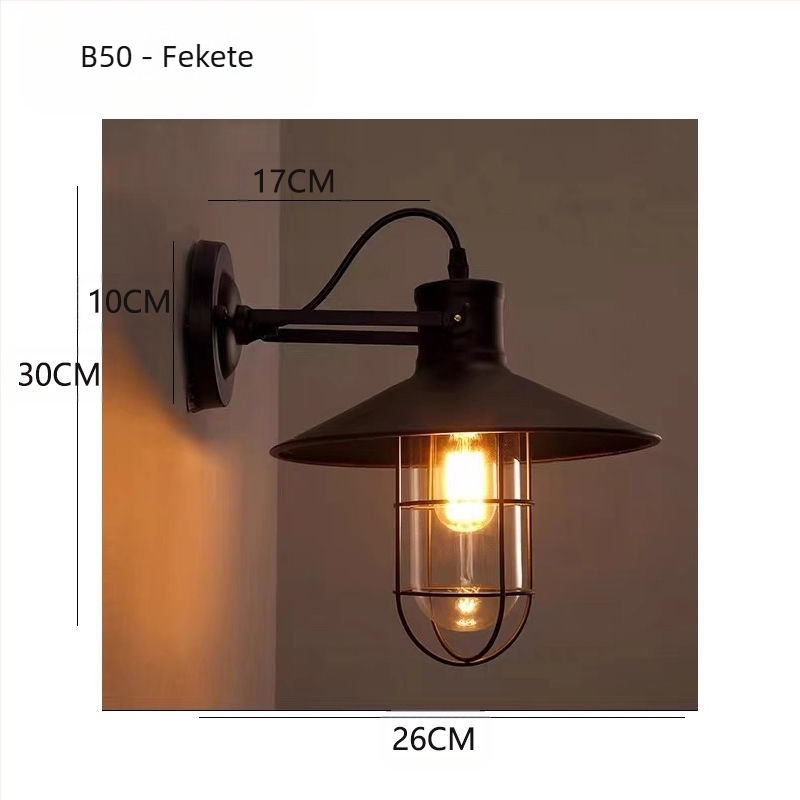 Falilámpa ipari retró stílusban, üvegbúra, vastest, LED, 220V