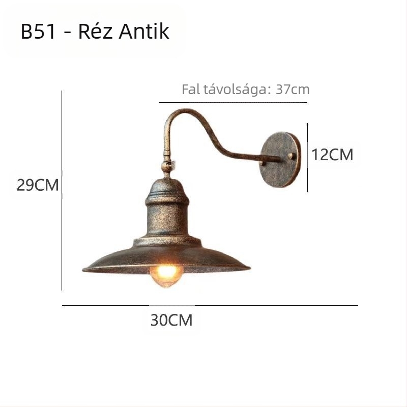 Falilámpa ipari retró stílusban, üvegbúra, vastest, LED, 220V