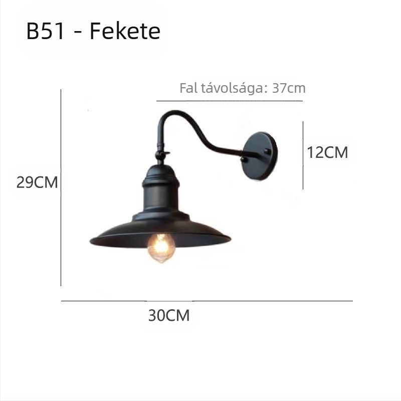 Falilámpa ipari retró stílusban, üvegbúra, vastest, LED, 220V