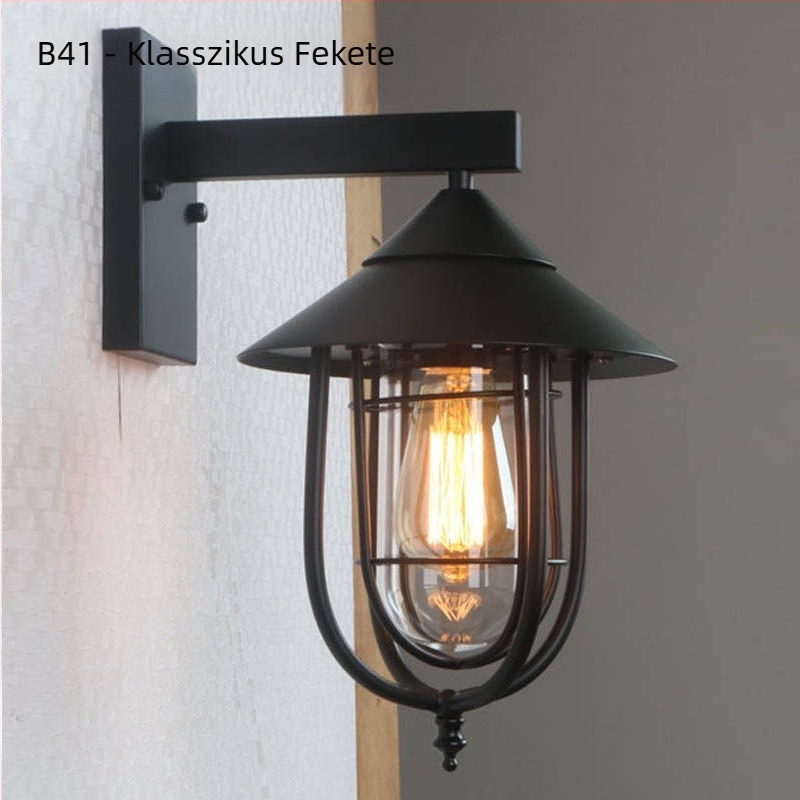 Falilámpa ipari retró stílusban, üvegbúra, vastest, LED, 220V