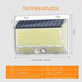 Napelemes kültéri LED falikar – mágneses távirányítóval, IP65, négyoldali világítás, modell YS-006, 5W, 6V