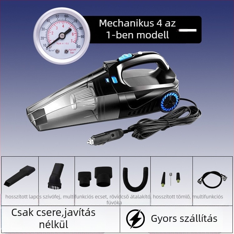 Kézi autóipari porszívó levegőpumpával és vezeték nélküli töltéssel – 6000 Pa szívás, 12V, 120W
