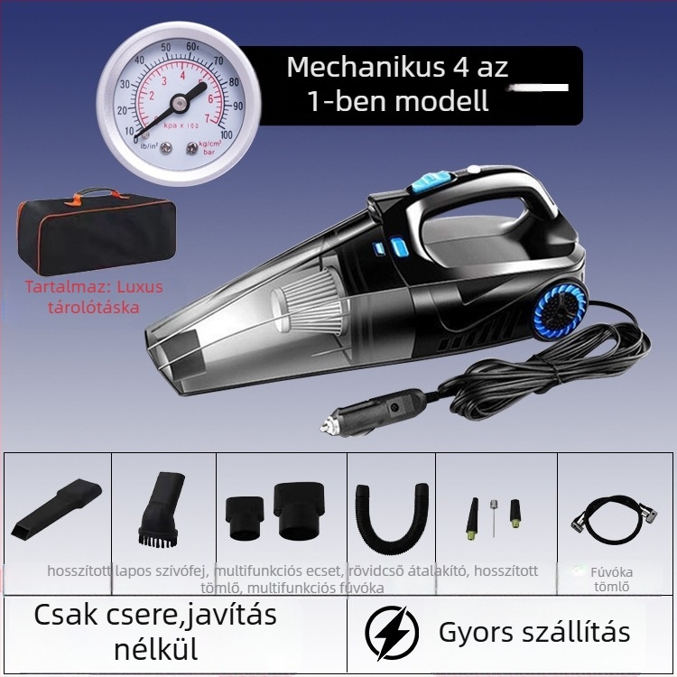 Kézi autóipari porszívó levegőpumpával és vezeték nélküli töltéssel – 6000 Pa szívás, 12V, 120W