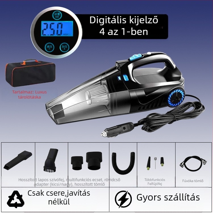 Kézi autóipari porszívó levegőpumpával és vezeték nélküli töltéssel – 6000 Pa szívás, 12V, 120W