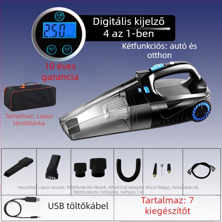 Kézi autóipari porszívó levegőpumpával és vezeték nélküli töltéssel – 6000 Pa szívás, 12V, 120W