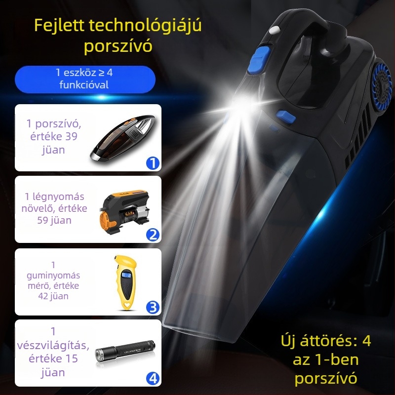 Kézi autóipari porszívó levegőpumpával és vezeték nélküli töltéssel – 6000 Pa szívás, 12V, 120W