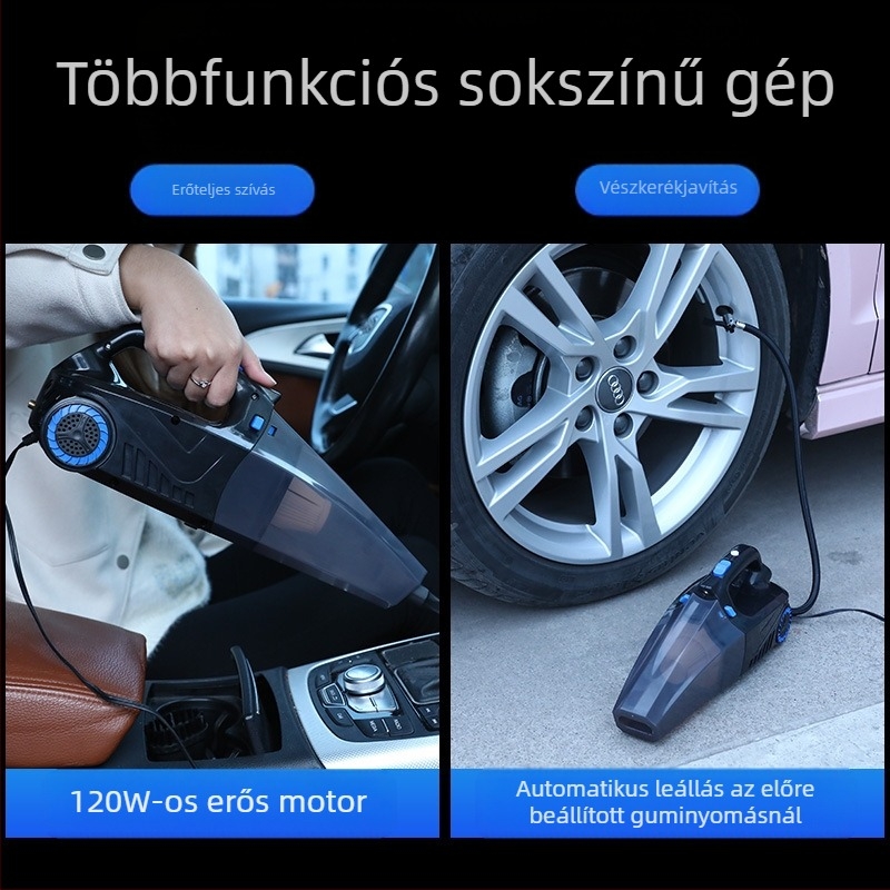 Kézi autóipari porszívó levegőpumpával és vezeték nélküli töltéssel – 6000 Pa szívás, 12V, 120W