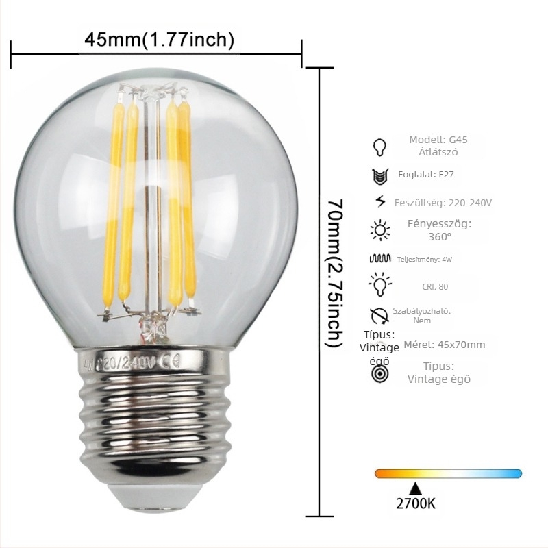 Edison-stílusú LED lámpa, modell G45, E27/E26 foglalat, 220V, CRI > 90