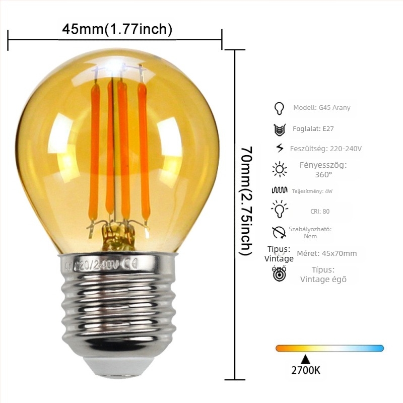 Edison-stílusú LED lámpa, modell G45, E27/E26 foglalat, 220V, CRI > 90
