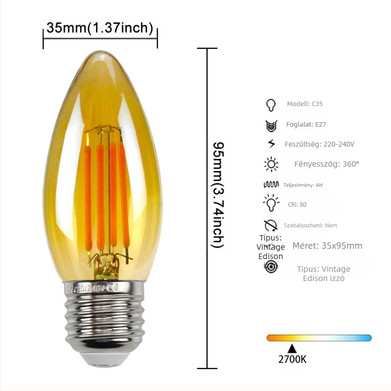 Edison-stílusú LED lámpa, modell G45, E27/E26 foglalat, 220V, CRI > 90