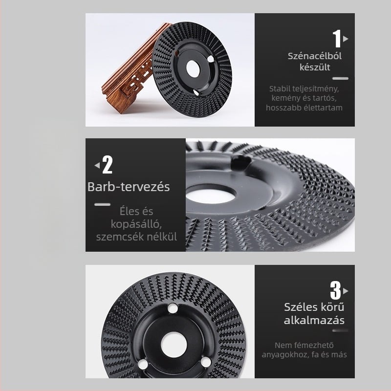 Chen Tu faipari körköszörűkorong ferde éllel, fogazott kivitel, magas széntartalmú acélból, keménység 56, legnagyobb sebesség 10000 RPM