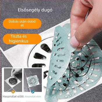 Egyszer használatos fürdőszobai lefolyó szűrő — hosszú, téglalap alakú öntapadós matrica, hajszálak elleni védelem