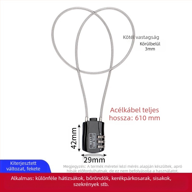 Jelszavas lakat acélsodronnyal – fém, vízálló, rozsdamentes