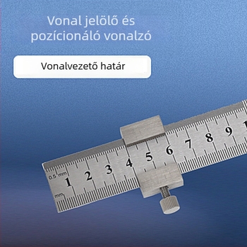 Rozsdamentes acélból készült vastag vonalzó pozíciós blokk–kal korlátozóval – Faipari felhasználásra, metrikus és hüvelykes skálával