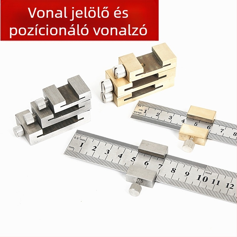 Rozsdamentes acélból készült vastag vonalzó pozíciós blokk–kal korlátozóval – Faipari felhasználásra, metrikus és hüvelykes skálával