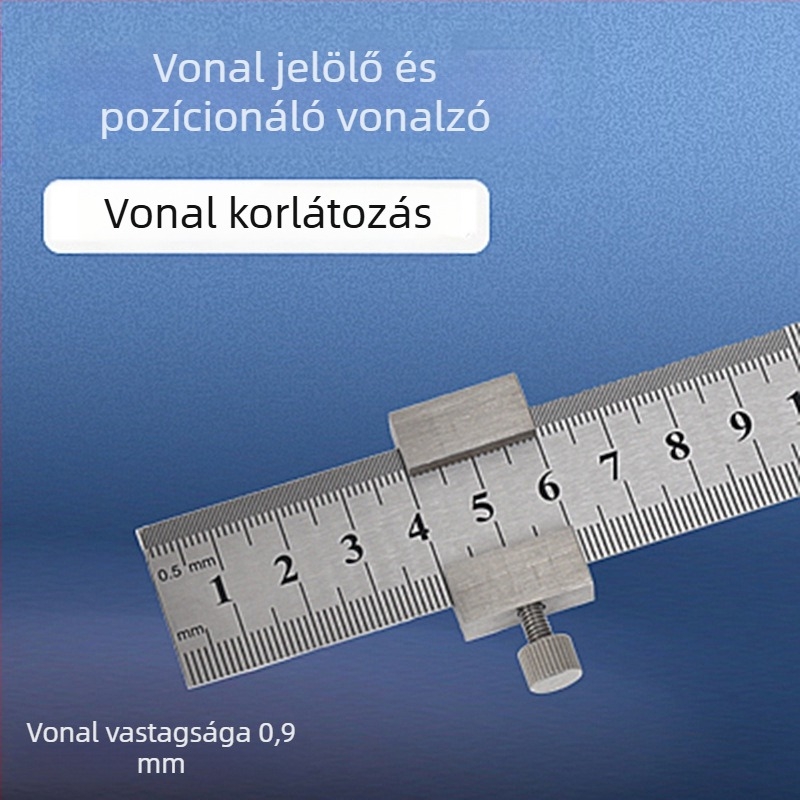 Rozsdamentes acélból készült vastag vonalzó pozíciós blokk–kal korlátozóval – Faipari felhasználásra, metrikus és hüvelykes skálával