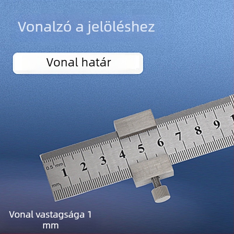 Rozsdamentes acélból készült vastag vonalzó pozíciós blokk–kal korlátozóval – Faipari felhasználásra, metrikus és hüvelykes skálával