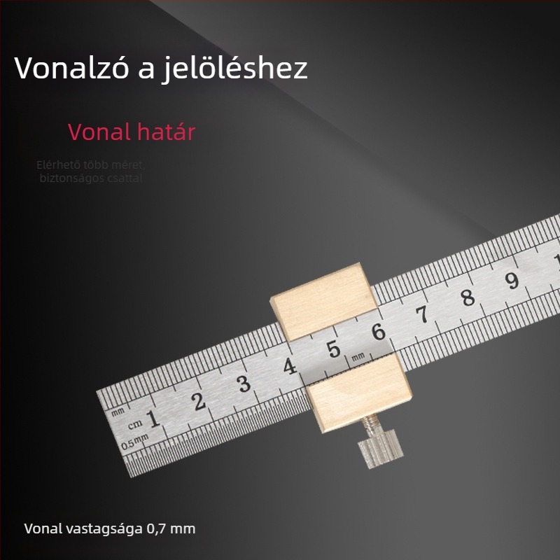 Rozsdamentes acélból készült vastag vonalzó pozíciós blokk–kal korlátozóval – Faipari felhasználásra, metrikus és hüvelykes skálával