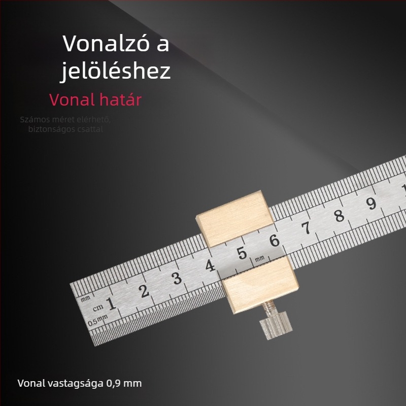 Rozsdamentes acélból készült vastag vonalzó pozíciós blokk–kal korlátozóval – Faipari felhasználásra, metrikus és hüvelykes skálával