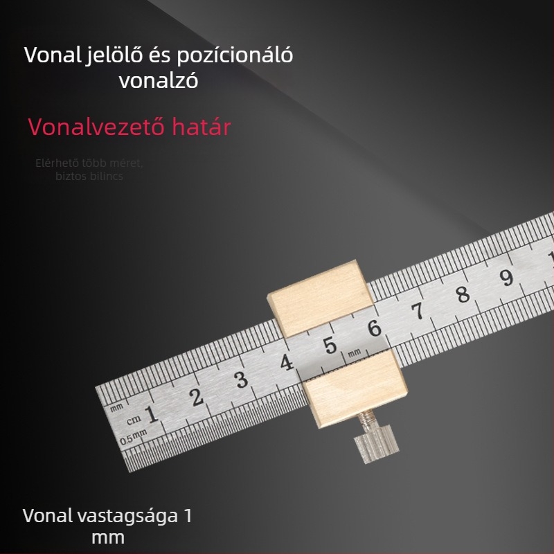 Rozsdamentes acélból készült vastag vonalzó pozíciós blokk–kal korlátozóval – Faipari felhasználásra, metrikus és hüvelykes skálával