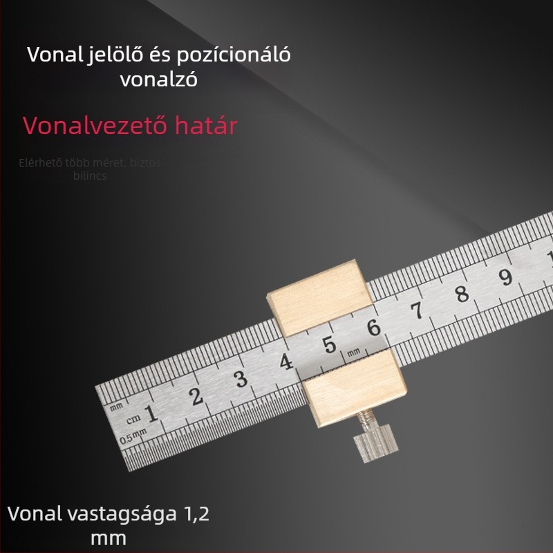 Rozsdamentes acélból készült vastag vonalzó pozíciós blokk–kal korlátozóval – Faipari felhasználásra, metrikus és hüvelykes skálával