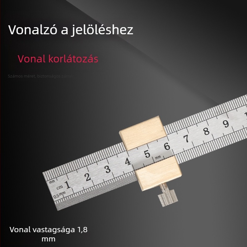 Rozsdamentes acélból készült vastag vonalzó pozíciós blokk–kal korlátozóval – Faipari felhasználásra, metrikus és hüvelykes skálával