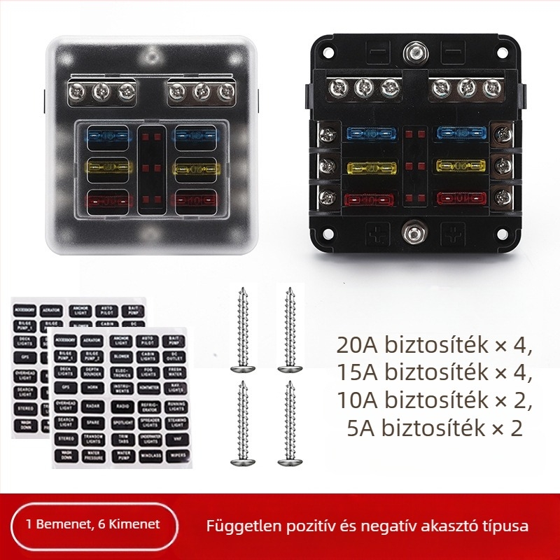 Baohe önálló 6-utas biztosítékdoboz pozitív és negatív pólussal autókhoz, RV-khez, off-road és SUV járművekhez, teherautókhoz és buszokhoz; tápegység elosztó