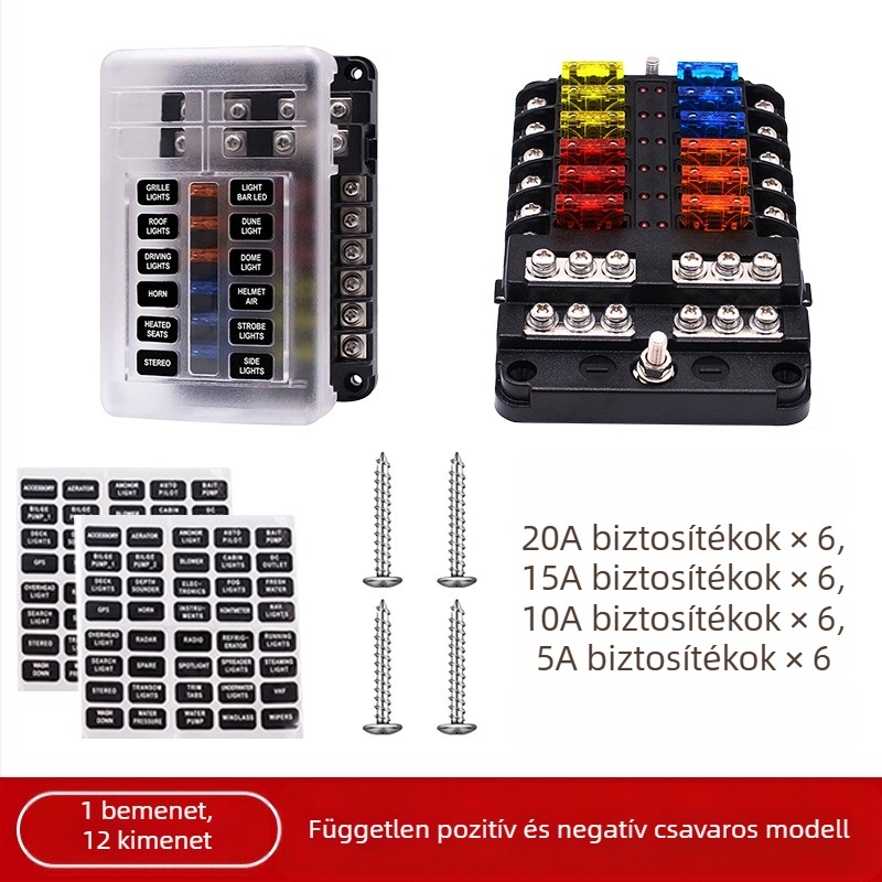 Baohe önálló 6-utas biztosítékdoboz pozitív és negatív pólussal autókhoz, RV-khez, off-road és SUV járművekhez, teherautókhoz és buszokhoz; tápegység elosztó