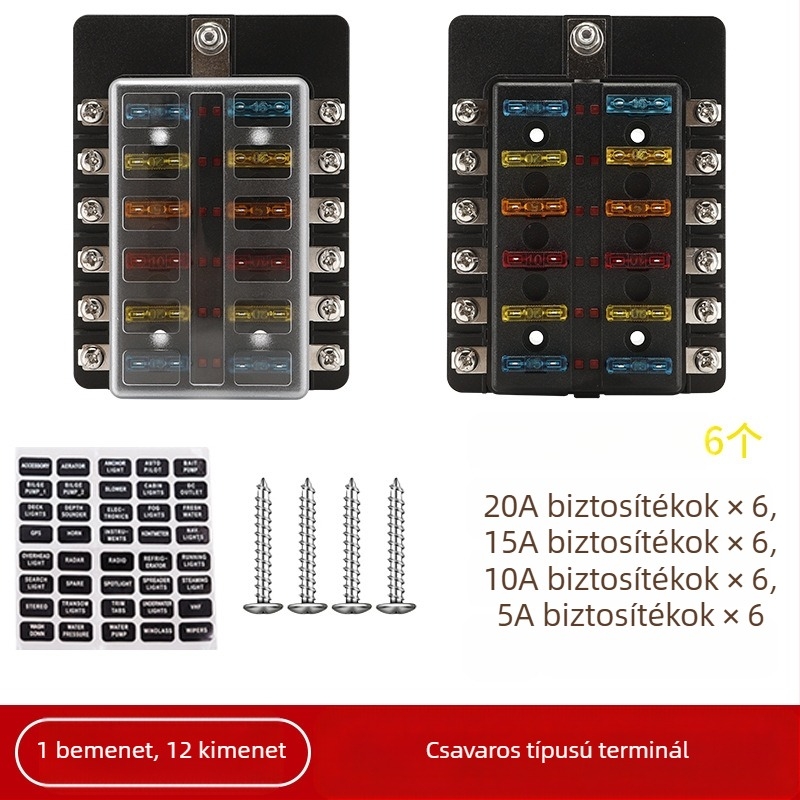 Baohe önálló 6-utas biztosítékdoboz pozitív és negatív pólussal autókhoz, RV-khez, off-road és SUV járművekhez, teherautókhoz és buszokhoz; tápegység elosztó