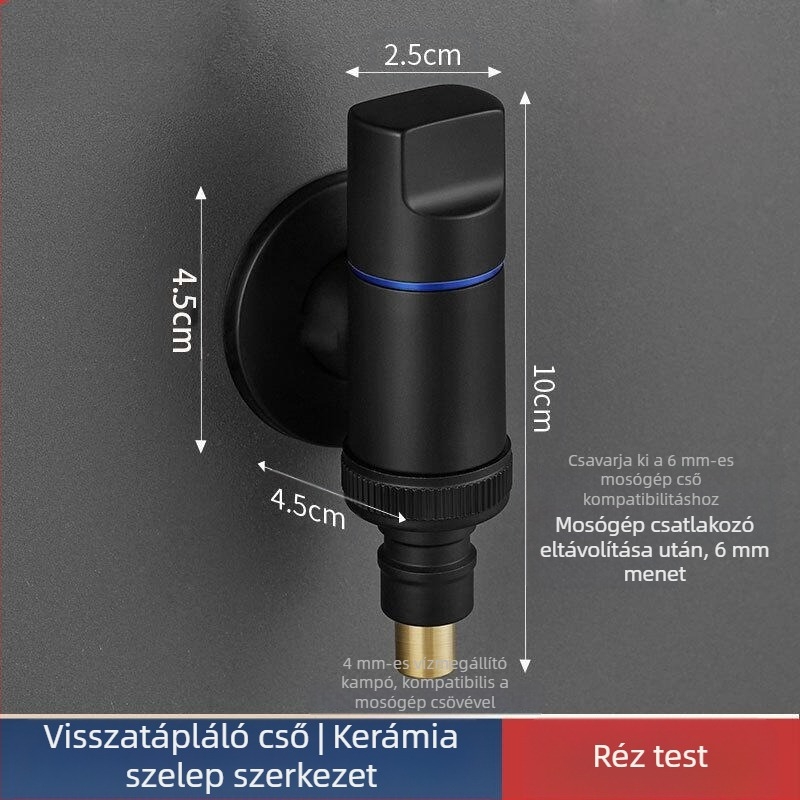 Réz testű mosógép csaptelep, T-típusú szelep, menetes csatlakozás, kerámia mag, 0–90°C
