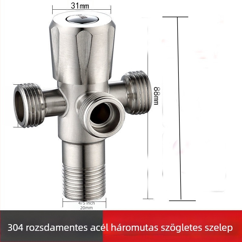 304 rozsdamentes acél szögletes szelep meghosszabbított testtel, dupla vízkiárat és kettős szabályozás vízmelegítőkhöz és WC-hez