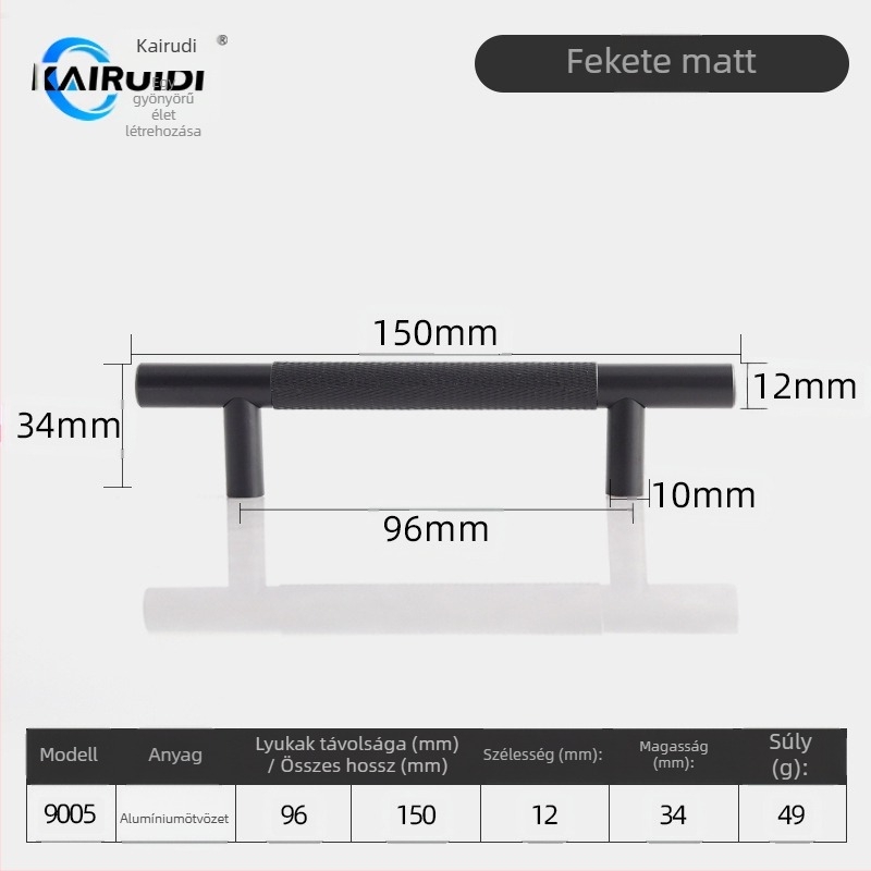 Gardrobajtó és szekrényajtó fogantyú, alumíniumötvözet, felületkezelés: elektroplating, modell 9005, márka Kairuiti, modern minimalist stílus, könnyű luxus