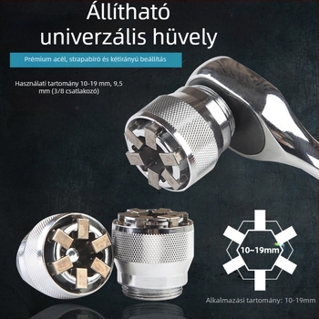 Többfunkciós dugókulcs készlet gyors racsnis mechanizmussal, dupla fejű, állítható végződések (metrikus, szerszámacél, krómozott bevonat)