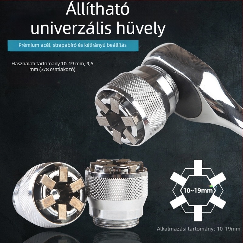 Többfunkciós dugókulcs készlet gyors racsnis mechanizmussal, dupla fejű, állítható végződések (metrikus, szerszámacél, krómozott bevonat)