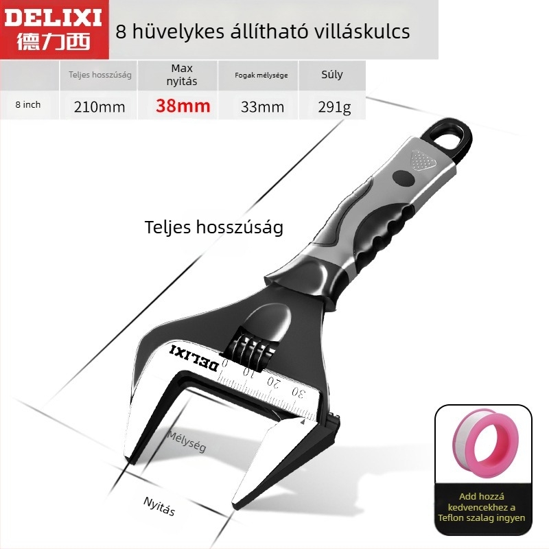 Állítható csavarkulcs nagy nyílással, többfunkciós kéziszerszám, króm-vanádium acél