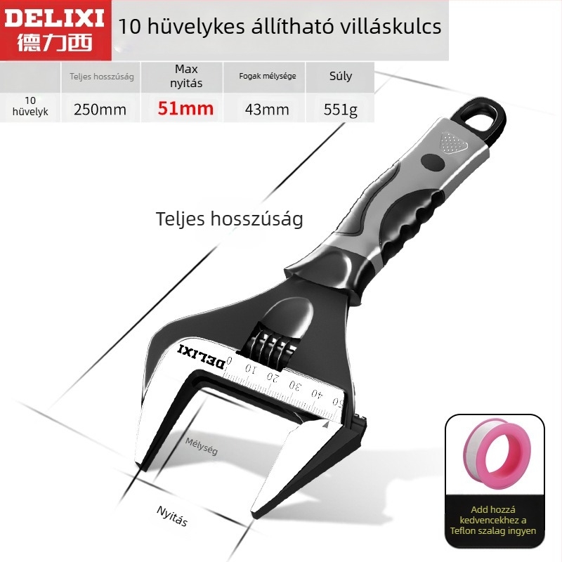 Állítható csavarkulcs nagy nyílással, többfunkciós kéziszerszám, króm-vanádium acél