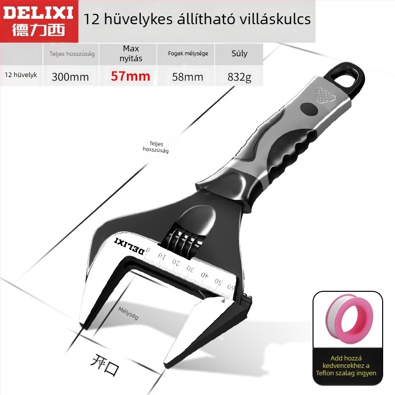 Állítható csavarkulcs nagy nyílással, többfunkciós kéziszerszám, króm-vanádium acél