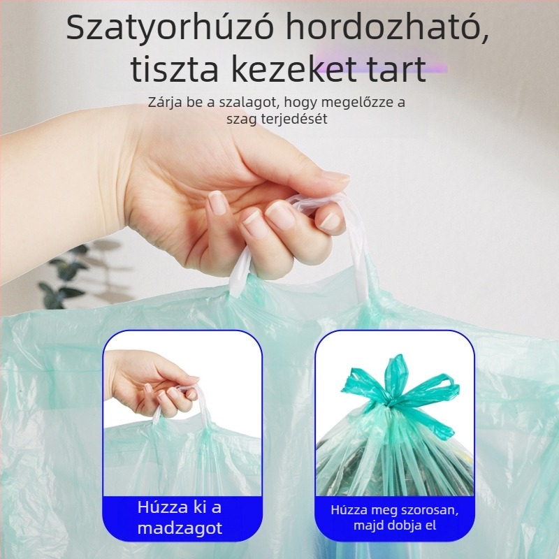 HS HDPE hurozsinóros szemeteszsákok, egyszer használatosak, háztartási használatra, vastagság 0,011 mm