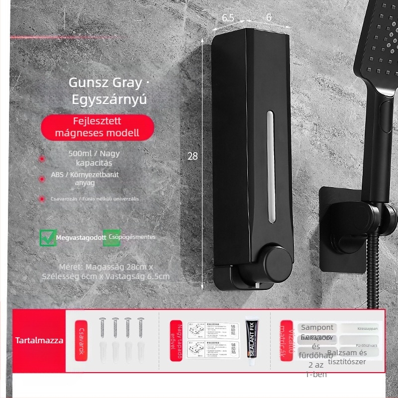 Műanyag falra szerelhető szappanadagoló fürdőszobába és konyhába, kézi nyomásra működik, modern letisztult stílus