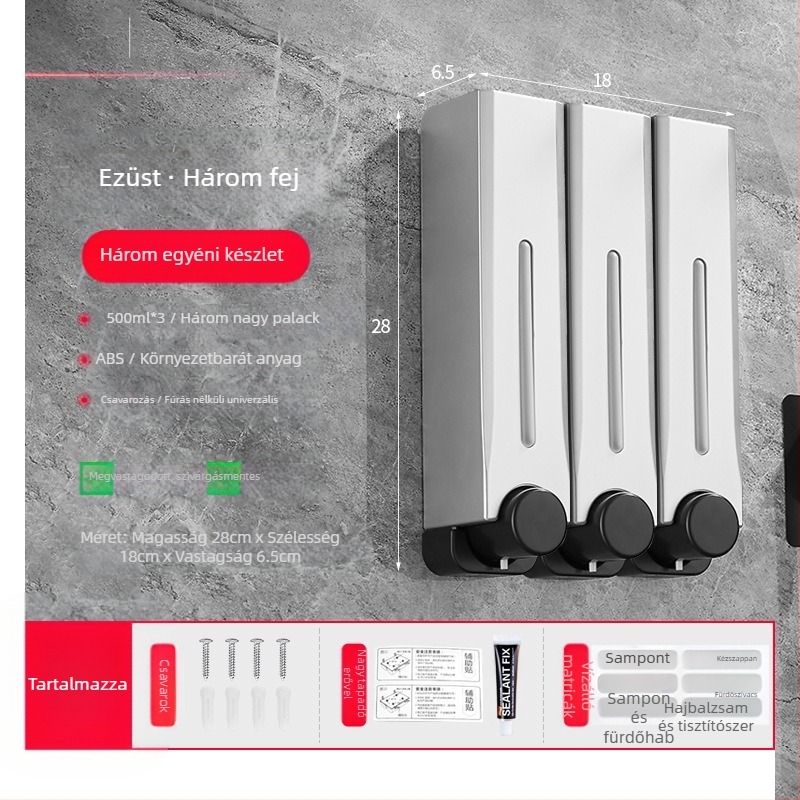 Műanyag falra szerelhető szappanadagoló fürdőszobába és konyhába, kézi nyomásra működik, modern letisztult stílus