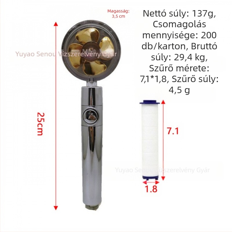 Zuhanyfej - Modell: Small Waist Shower Head, ABS, Kerek alak, Eső funkció, Menetes szerelés