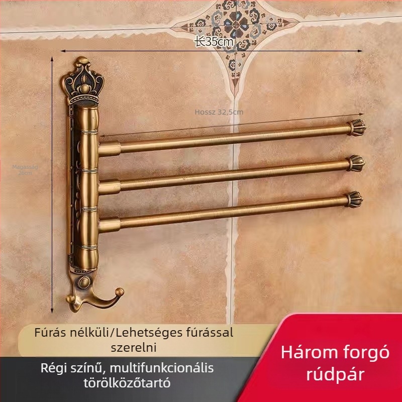 Antik stílusú törölközőtartó fúrás nélküli rögzítéssel, európai fürdőszobai kiegészítő, fogkefés pohártartó, forgó, összecsukható törölközőrúd; alumíniumötvözet; teherbírás 20 kg; többszintű kialítás; modern minimalista stílus.