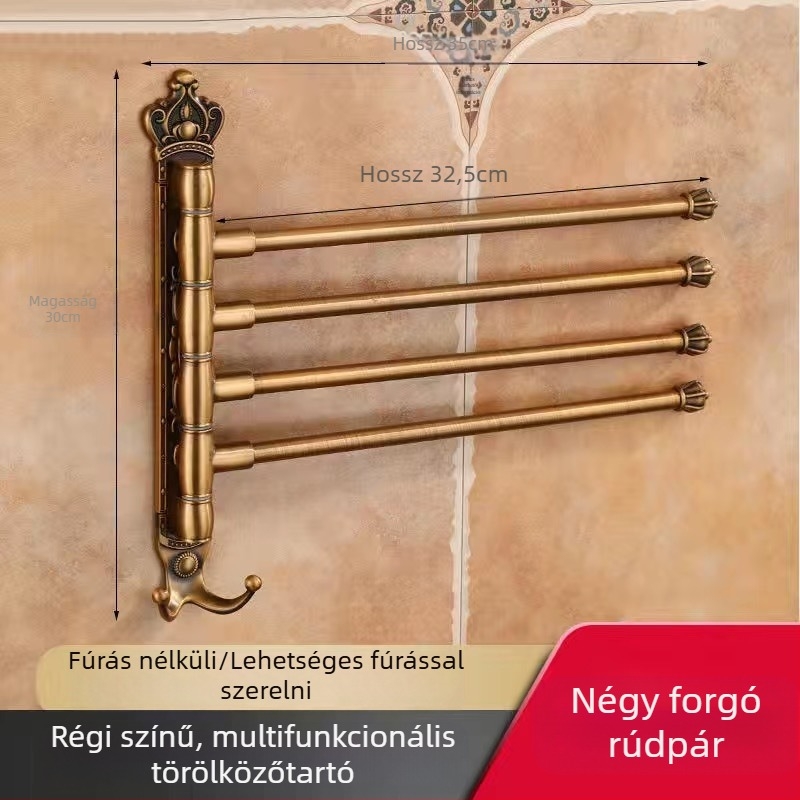 Antik stílusú törölközőtartó fúrás nélküli rögzítéssel, európai fürdőszobai kiegészítő, fogkefés pohártartó, forgó, összecsukható törölközőrúd; alumíniumötvözet; teherbírás 20 kg; többszintű kialítás; modern minimalista stílus.