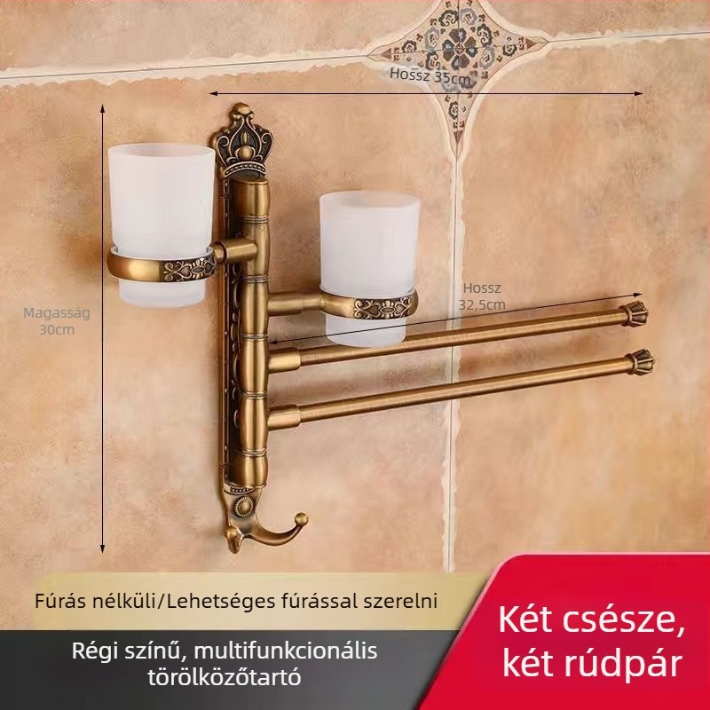 Antik stílusú törölközőtartó fúrás nélküli rögzítéssel, európai fürdőszobai kiegészítő, fogkefés pohártartó, forgó, összecsukható törölközőrúd; alumíniumötvözet; teherbírás 20 kg; többszintű kialítás; modern minimalista stílus.