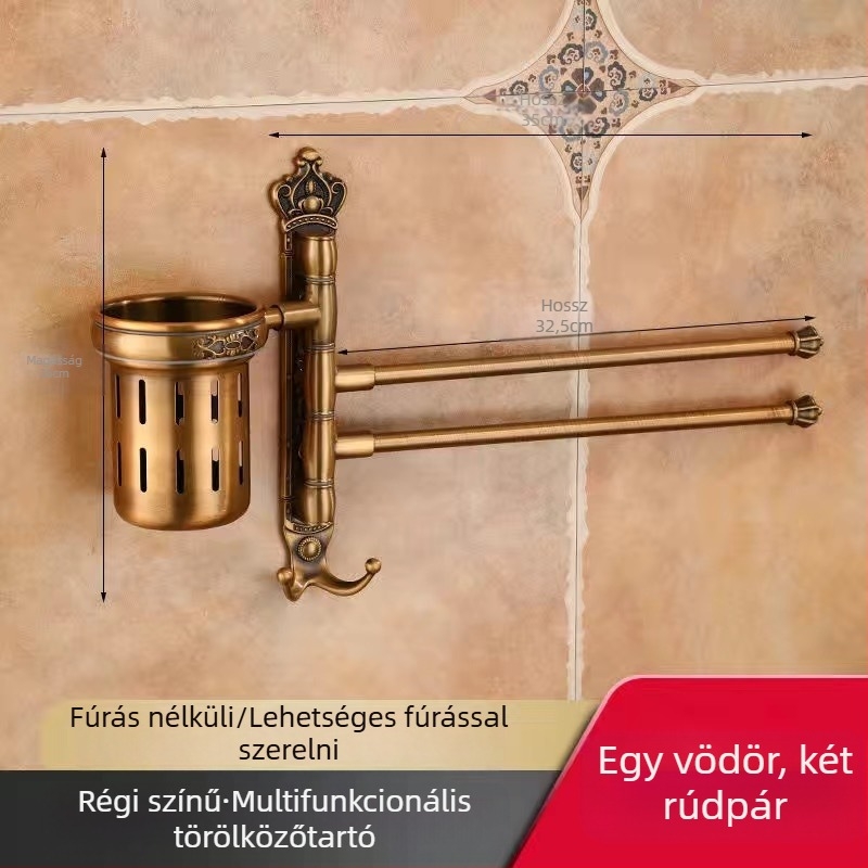 Antik stílusú törölközőtartó fúrás nélküli rögzítéssel, európai fürdőszobai kiegészítő, fogkefés pohártartó, forgó, összecsukható törölközőrúd; alumíniumötvözet; teherbírás 20 kg; többszintű kialítás; modern minimalista stílus.