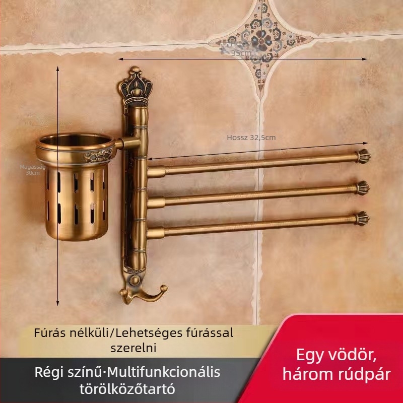 Antik stílusú törölközőtartó fúrás nélküli rögzítéssel, európai fürdőszobai kiegészítő, fogkefés pohártartó, forgó, összecsukható törölközőrúd; alumíniumötvözet; teherbírás 20 kg; többszintű kialítás; modern minimalista stílus.