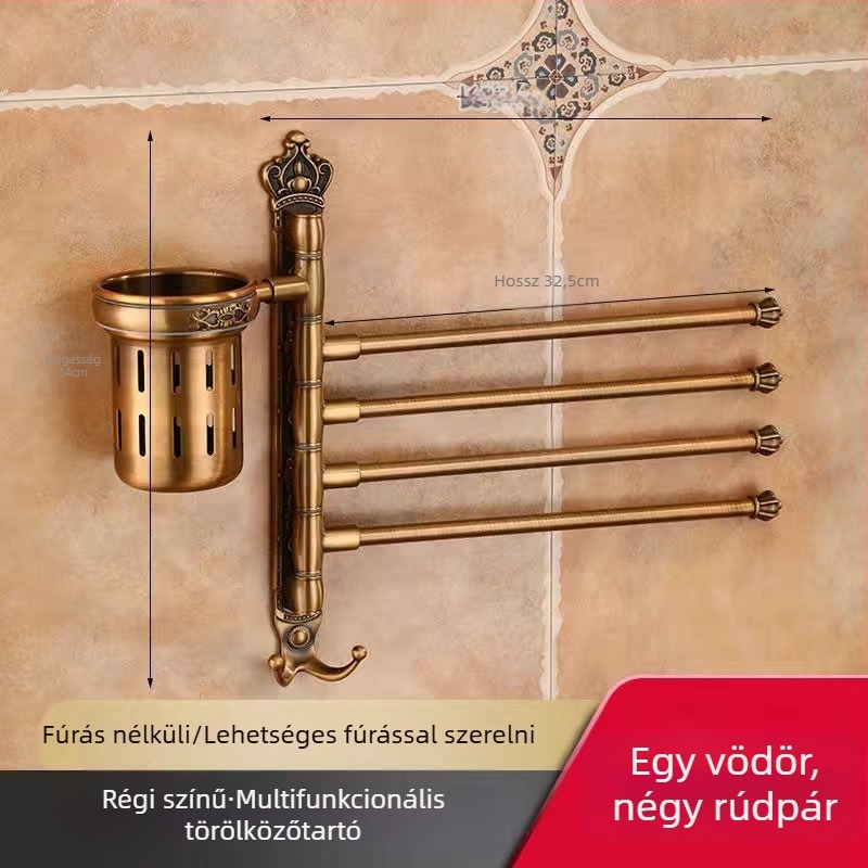 Antik stílusú törölközőtartó fúrás nélküli rögzítéssel, európai fürdőszobai kiegészítő, fogkefés pohártartó, forgó, összecsukható törölközőrúd; alumíniumötvözet; teherbírás 20 kg; többszintű kialítás; modern minimalista stílus.