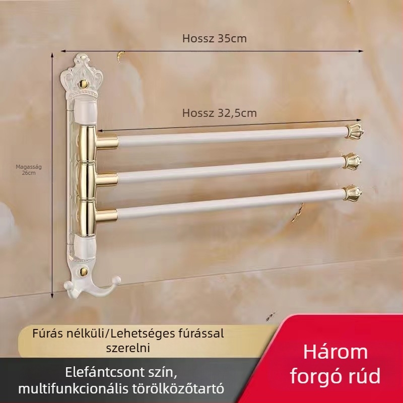 Antik stílusú törölközőtartó fúrás nélküli rögzítéssel, európai fürdőszobai kiegészítő, fogkefés pohártartó, forgó, összecsukható törölközőrúd; alumíniumötvözet; teherbírás 20 kg; többszintű kialítás; modern minimalista stílus.